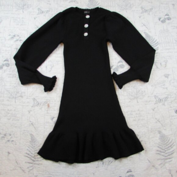 NEW RIVER ISLAND RIBBED BLACK KNIT LONG BALLOON SLV MINI DRESS PEARL BUTTONS 4 - Picture 3 of 8